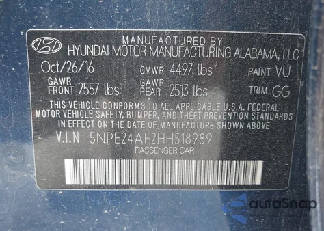 2017 Hyundai Sonata from USA, damaged, VIN 5NPE24AF2HH518989